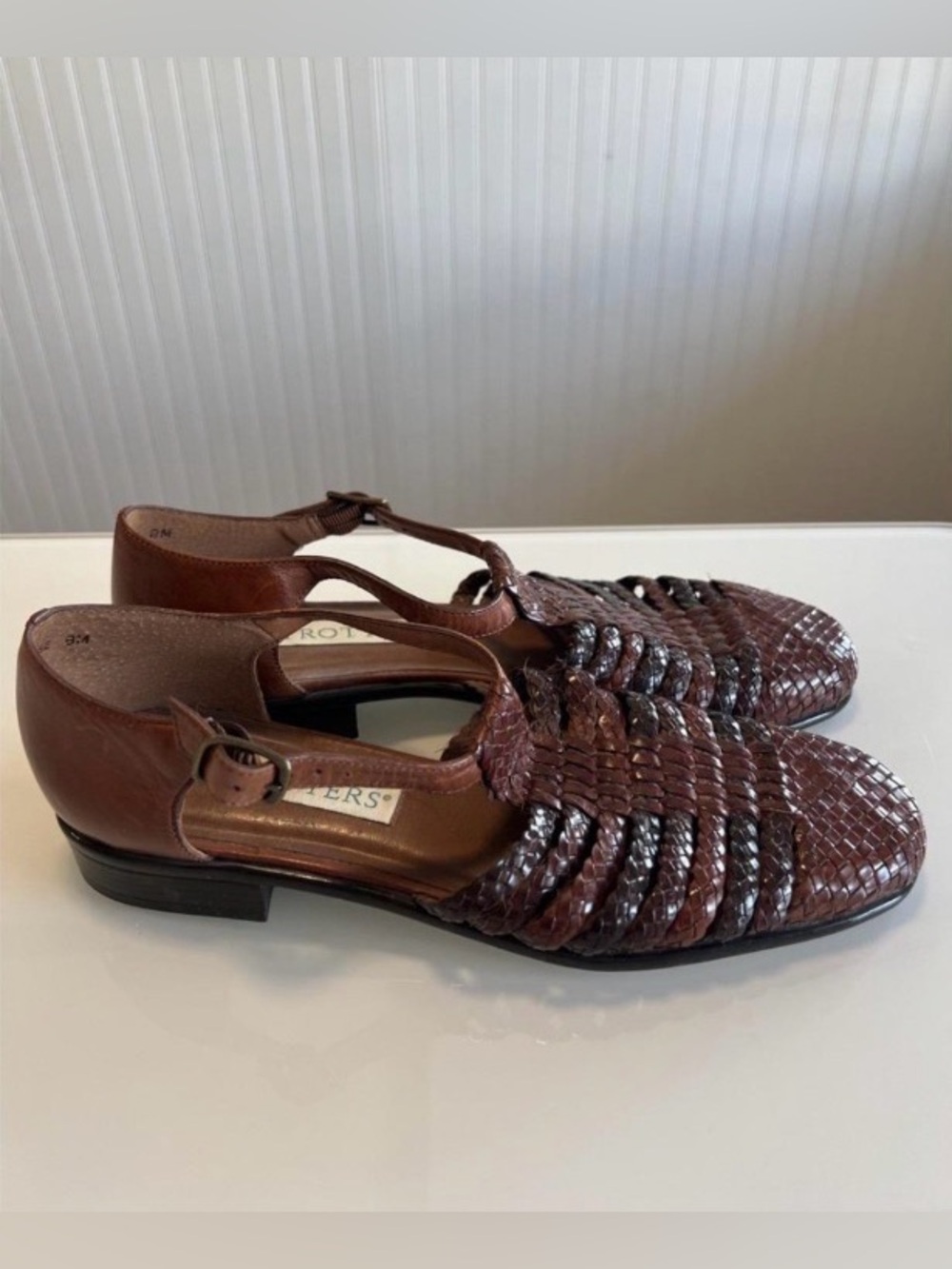 Trotters Brown Woven Leather T-Strap Flats